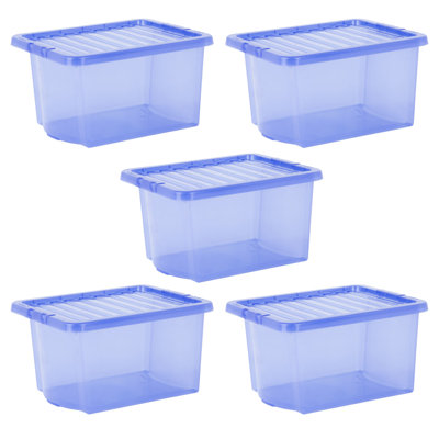 Wham Crystal 28L Plastic Storage Boxes Set of 5 Tint Spectrum Blue