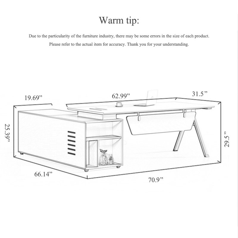Bureau d'angle en L avec pieds en acier et rangement de grande capacité, 29.5" H x 70.9" W x 66.14" D