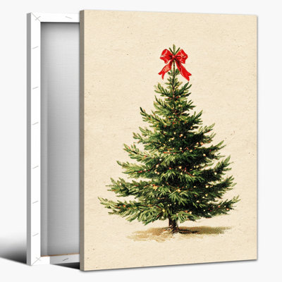 Grande affiche d'arbre de Noël sur toile - scène d'hiver classique des Fêtes, arc rouge, impression sur toile prête à accrocher, peinture pour décoration saisonnière de Noël