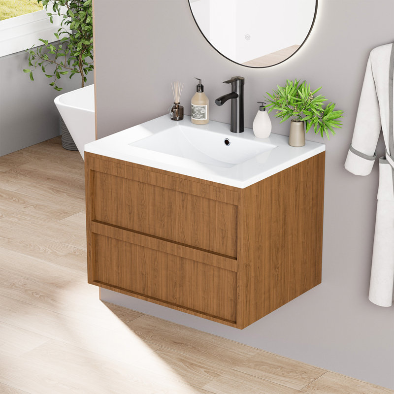 Meuble-lavabo mural de 24 po avec lavabo â€“ Meuble-lavabo suspendu dotÃ© de 2 tiroirs de rangement spacieux, comprenant un lavabo en cÃ©ramique blanche, un robinet et un siphon