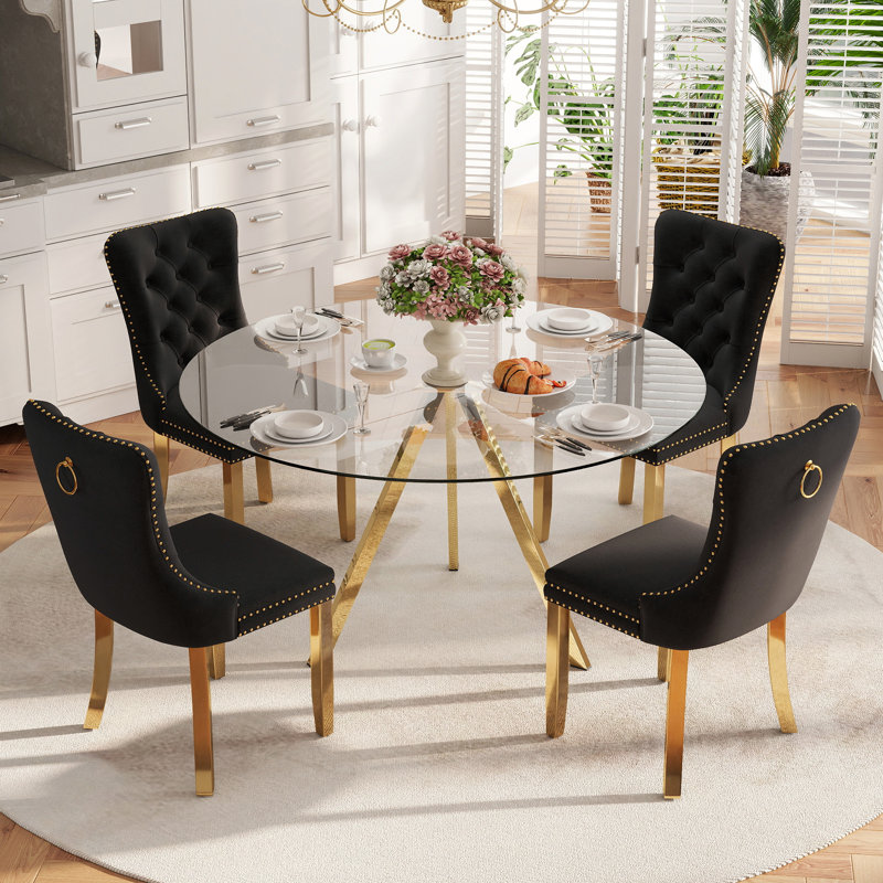 Ensemble de salle à manger à piédestal doré 5 pièces, H 30 po x l 47 po x P 47 po, Noir