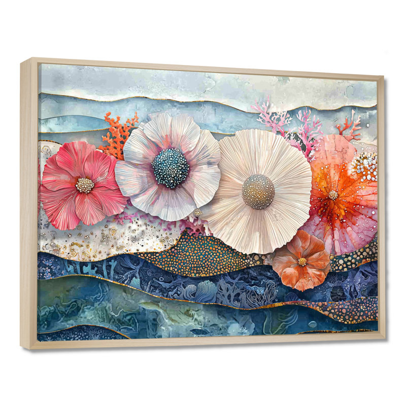 Art coloré sur toile, oursin de mer coloré et sérénade de fleurs, H 30 po x l 40 po, Reproduction avec cadre flottant
