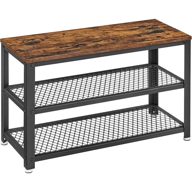 Étagère à chaussures à 3 niveaux, organisateur de chaussures de hall d'entrée autoportant avec tablettes en filet et siège confortable, brun rustique et noir