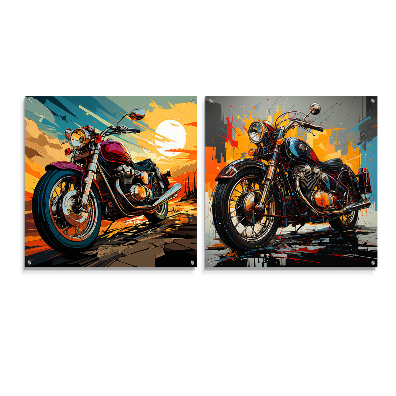 «Moto Rêves sur la route» - ensemble de 2 peintures murales en acrylique, H 16 po x l 33 po