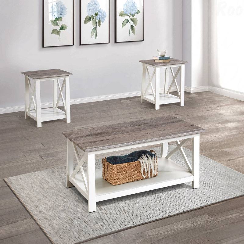 Ensemble de 3 tables basses en bois avec table basse et 2 tables de bout carrées assorties à finition brune