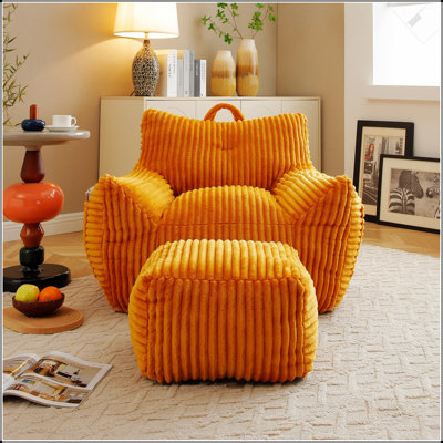 Giant Plush Bean Bag Chair With Armrests And Footstool -- Comfy Beanbag Chaise Lounge For Living Room, Bedroom & Dorm