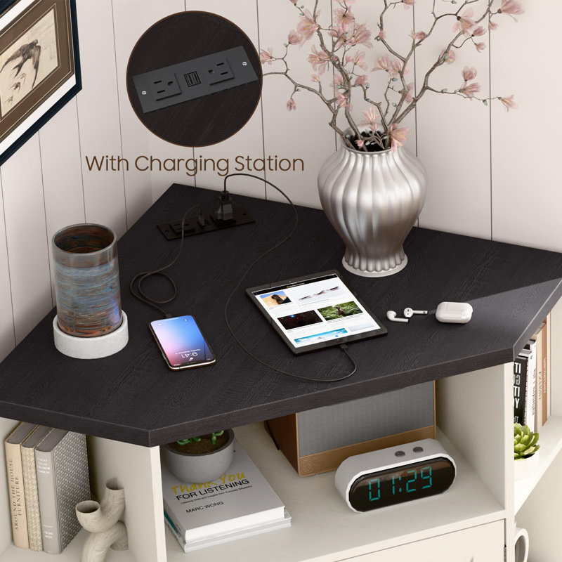 Corner Storage Shelf With USB Ports And Outlets Industrial Organizer, White/Black