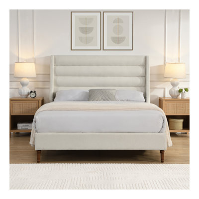 Queen Size Bed Frame High Headboard Upholstered Platform Bed With Wave - Shaped Headboard, Premium Chenille Fabric, Modern Minimalist Platform Bed No Box Spring Needed, Easy Assembly, Ivory