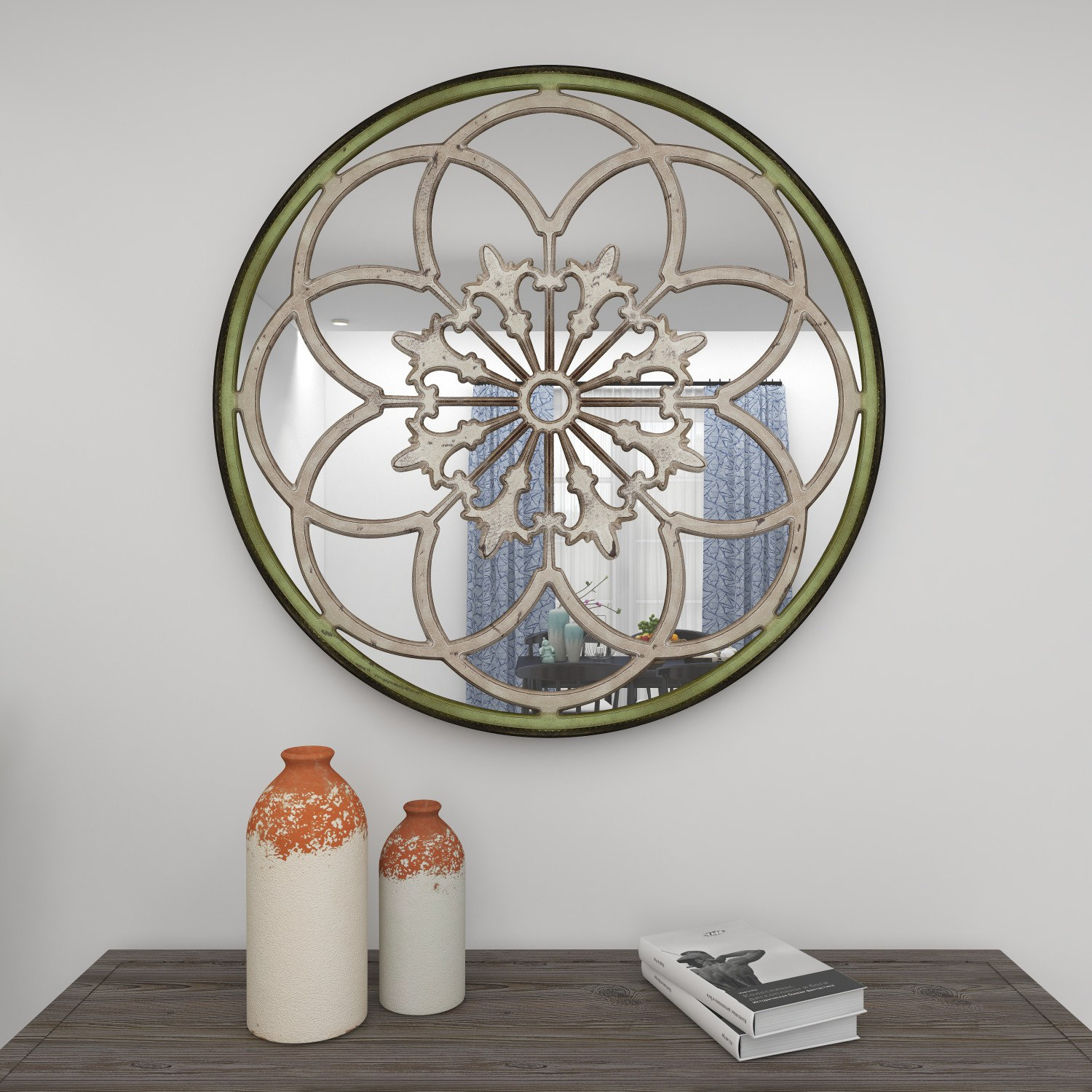 Bungalow Rose Evah Wooden Medallion Floral Room Wall Mirror with