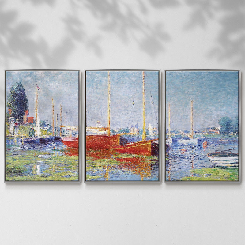 Argenteuil. Yacht, 1875 01 - Toile encadrée multi-pièces, H 40 po x l 78 po x P 2 po, Argenté