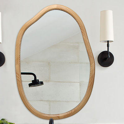 Modern Irregular Wall Mirror with Brown Frame, Asymmetrical Mirror for Bathroom, Bedroom, or Entryway