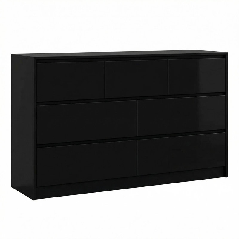 55" Full High Gloss Dresser with 7 Drawers, Modern Wide Storage Chest for Bedroom, Black