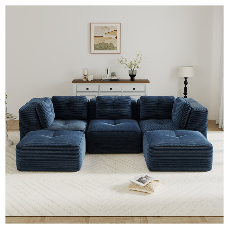 Blue Corduroy 3-Seater Modular Sectional Sofa with 2 Movable Ottomans, No Assembly Required Living Room Couch, Blue Corduroy