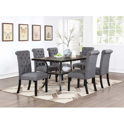 Classic Natural Wooden Rectangle Top Dining Table 6X Side Chairs Fabric Tufted Toll Back Top Back Chair And Storage Shelve 7Pc Dining Set