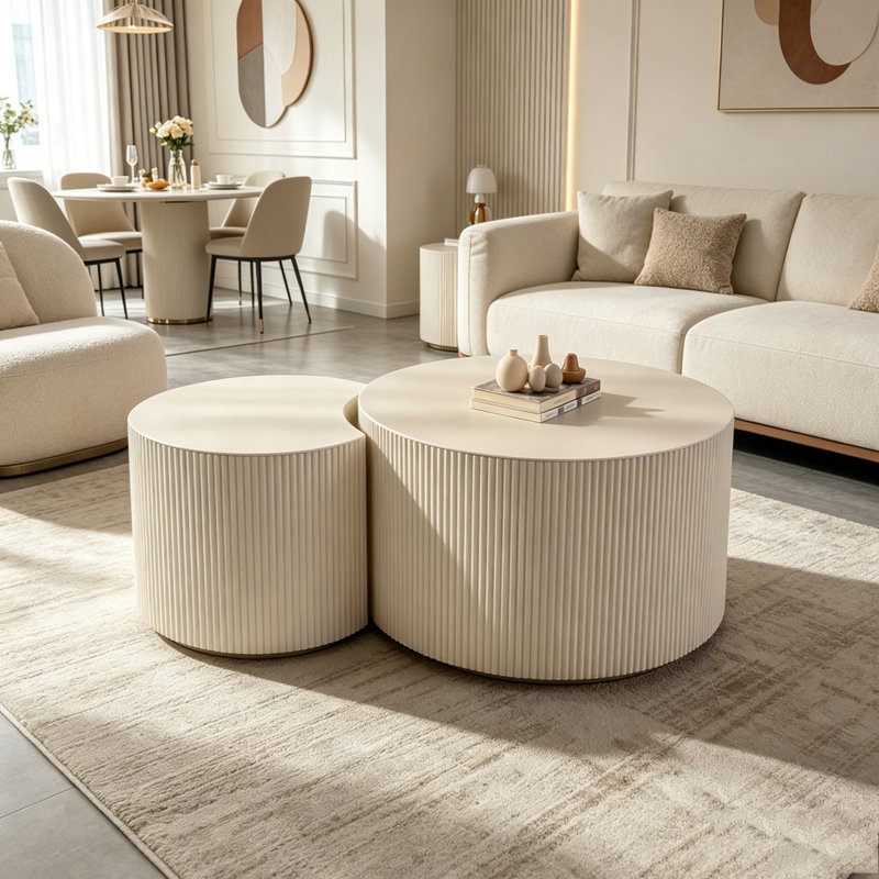 Table basse ronde en bois, Beige et blanc, H 14,92 po x l 33,86 po x P 33,86 po