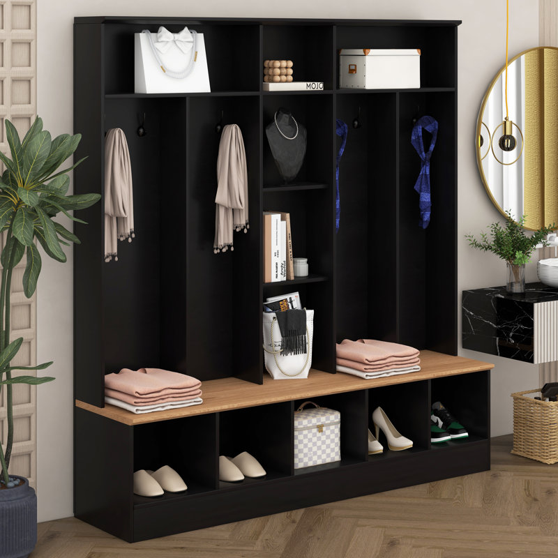 Wide Design Hall Tree With Storage Bench,Shoe Cabinet With Cube Storage & Shelves, Multifunctional Coat Rack With 8 Hooks