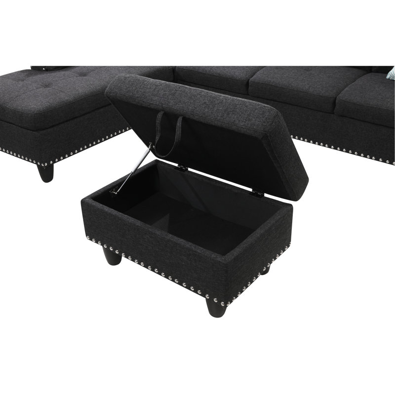 Ensemble de 3 pièces en forme de L avec garniture de rivets, idéal pour les soirées cinéma / jeux, quatre places assises, porte-gobelets rabattables, deux coussins décoratifs et rangement assorti, cadre en bois massif et en bois d'ingénierie