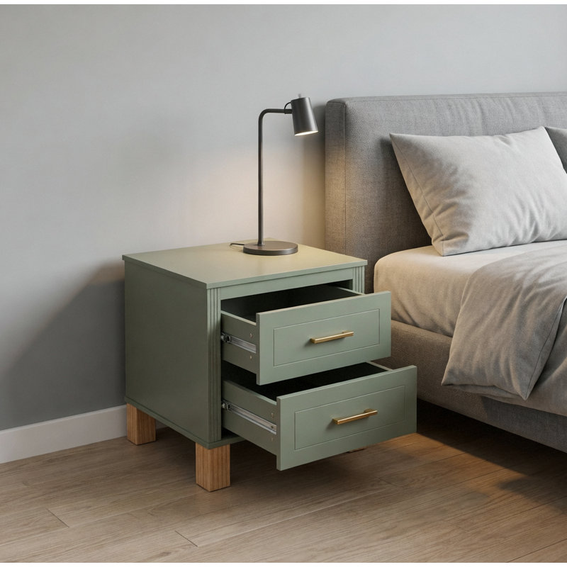 Table de chevet 2 tiroirs Premium avec poignées en métal pour la chambre à coucher et le salon, Olive
