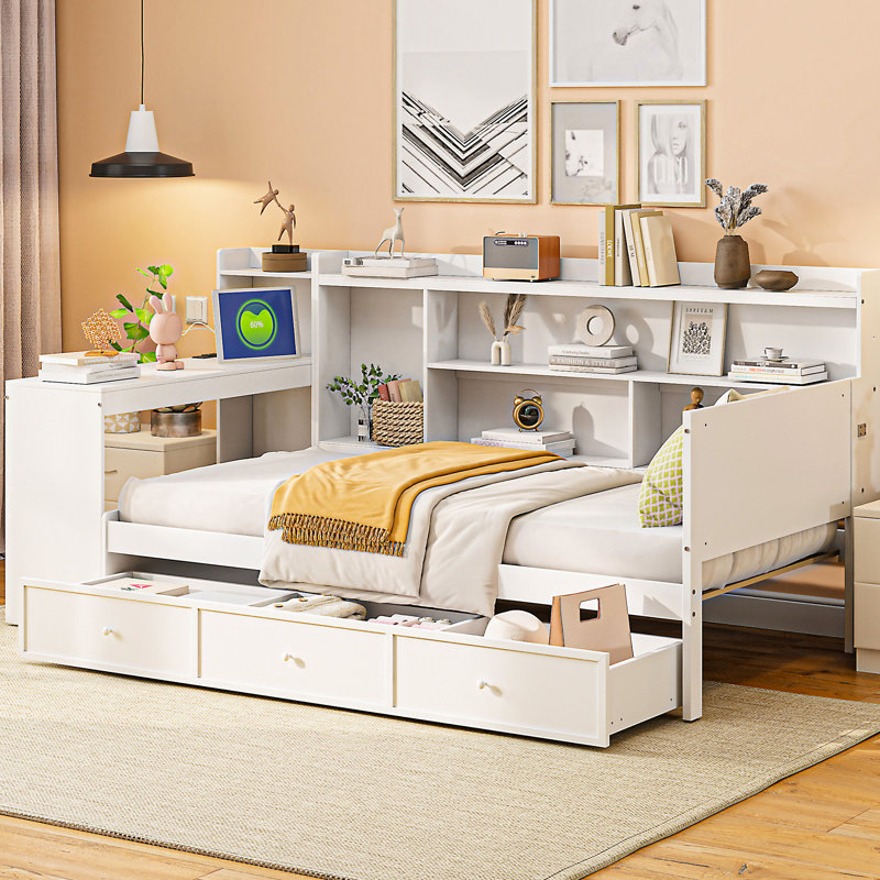 White Twin Daybed With Spacious Drawer Storage And Desk Ports For Efficiency Size 3 Drawers, Charging & - Pine Wood Construction