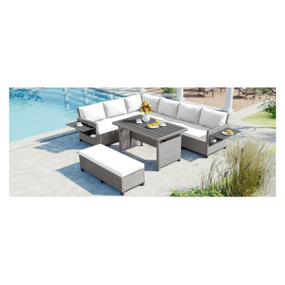 TOMAX 5-Piece Outdoor Sectional Sofa Set with Side Tables, White PE Rattan Patio Furniture