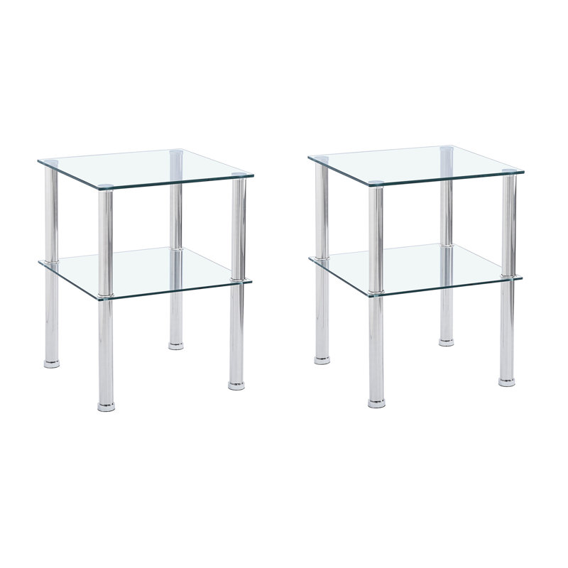 Table de bout transparente 2 pièces pour petits espaces, table de chevet moderne et de chevet, plateau en verre trempé 8 mm, tablette 6 mm, verre carré, côté support facile à nettoyer avec tablette de rangement, forme, assemblage