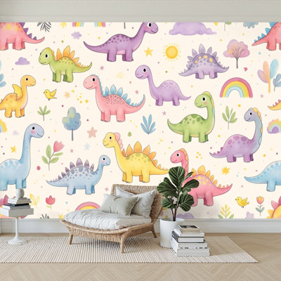 Peel and Stick Wallpaper 144" W x 100" H Modern Self Adhesive Wall Mural for Bedroom Cute Pastel Dinosaur Rainbows Flowers