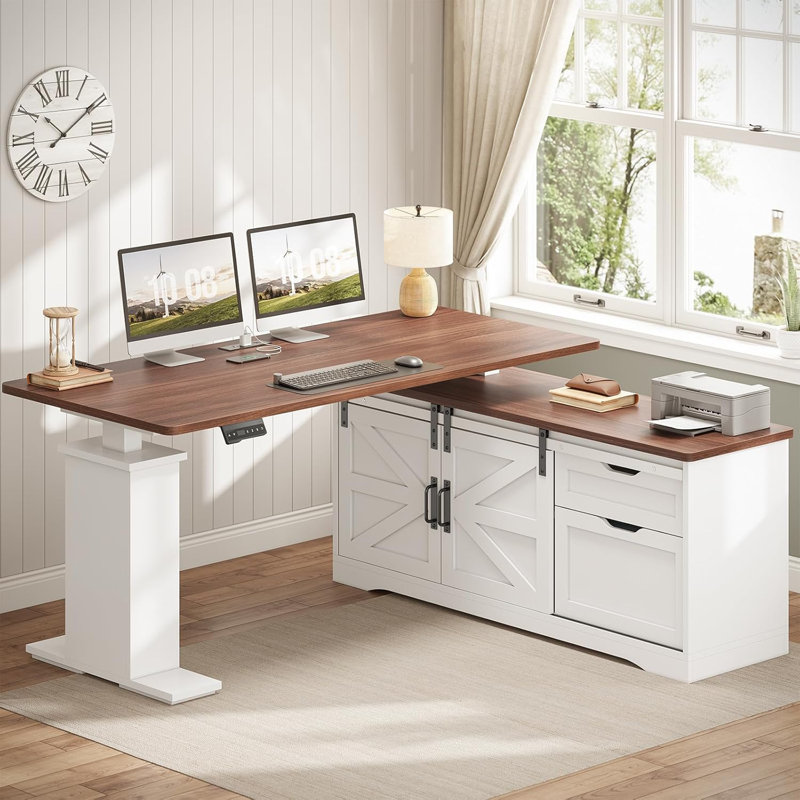 Bureau debout en L Farmhouse, bureau d'angle réglable en hauteur avec tiroirs de rangement, bureaux d'ordinateur debout avec prises de courant pour le bureau à domicile