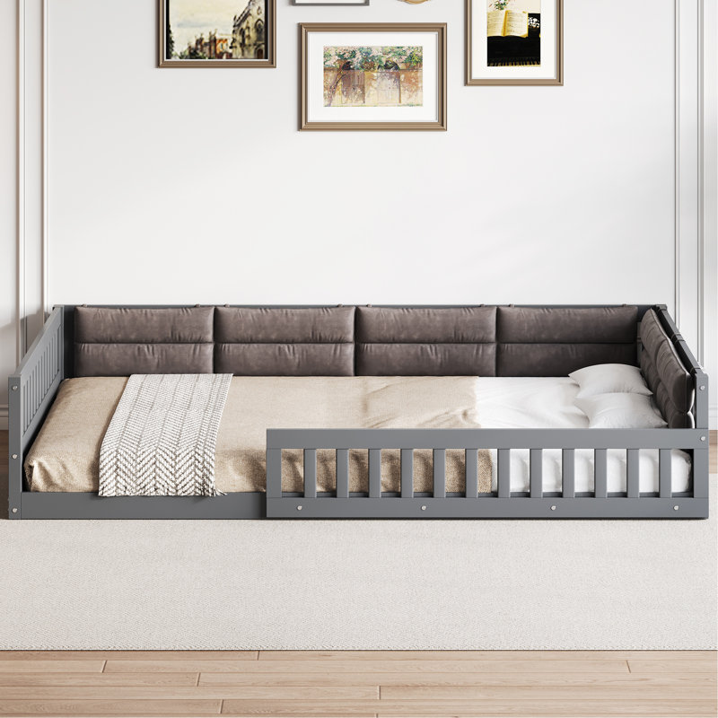 Wood Full Size Upholstered Platform Bed With Guardrail And Pillow, Grey