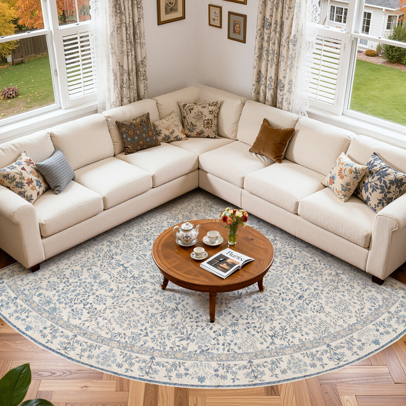 Floral Machine Washable Area Rug, Corner 7' x 7', Blue