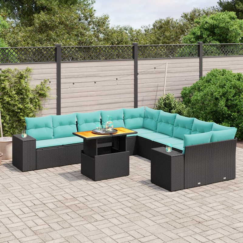  Ensemble de canapé de patio 11 pièces avec coussins en rotin de polyester, Noir, Vert