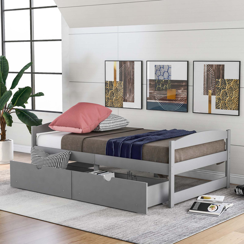 Lit plateforme simple avec deux tiroirs, Gris