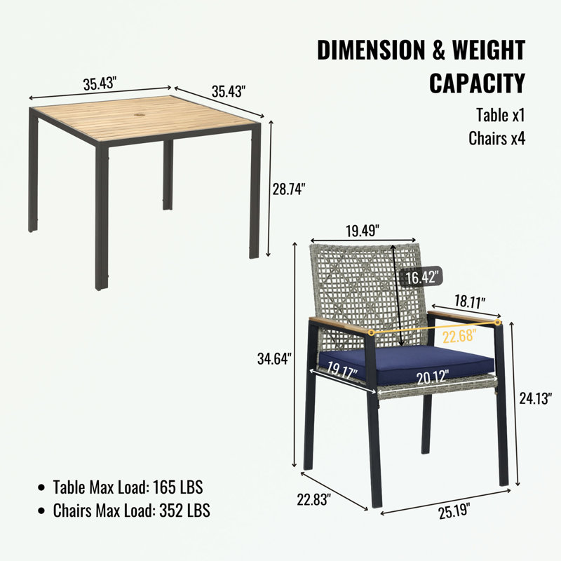 Ensemble de table de salle à manger 5 pièces avec trou pour parasol, Bleu / Gris pâle