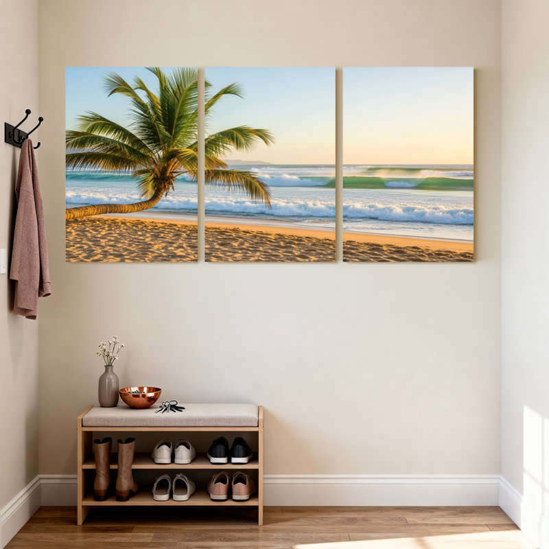 Palmiers, plage tropicale, océan, coucher de soleil, vagues de sable, ciel, ensemble de 3 impressions sur toile