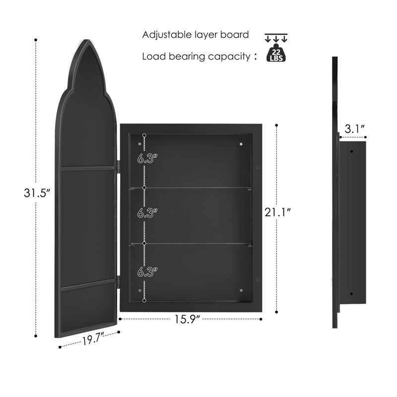 Trayten 20" W 32" H Recessed Metal Framed Medicine Cabinet, Matte Black