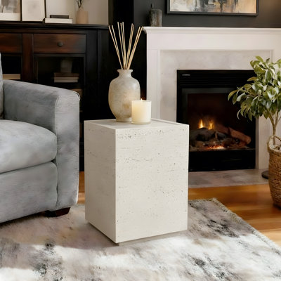 14.2" Square Natural Travertine Stone End Table for Indoor/Outdoor