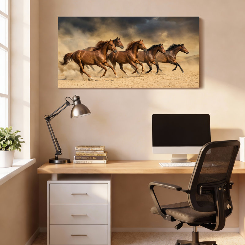 Ensemble de 1 tableau sur toile représentant des chevaux galopant dans le désert, H 24 po x l 48 po