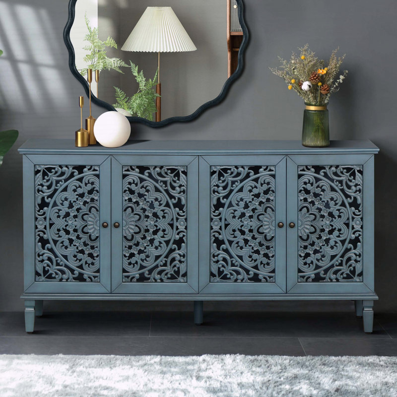 Buffet antique 60 "avec sculptures florales, Bleu antique