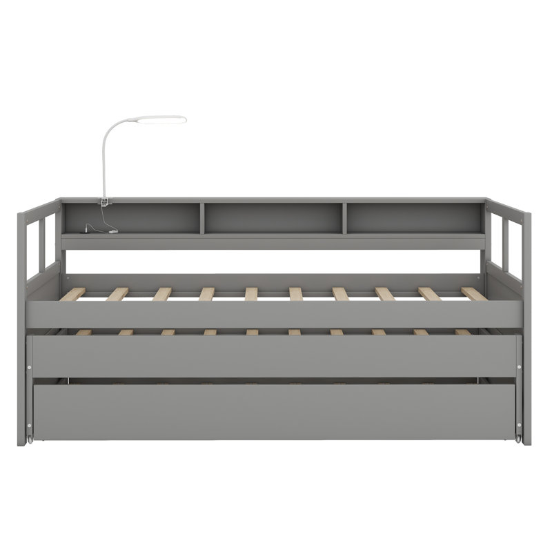 Daybed With 2 Trundles, Storage Shelves, 1 Light For Free And USB Charging Design, Gray