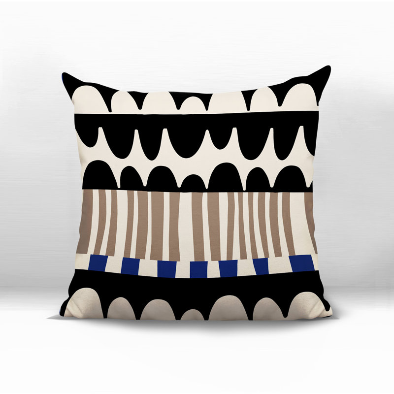 Coussin carré intérieur / extérieur Rami, Bleu marine / noir / blanc cassé abstrait, H 17 po x l 17 po