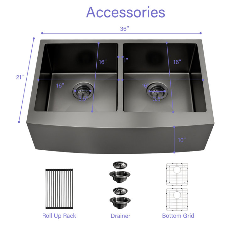 36" L x 21" W Gunmetal Black 16-Gauge T304 Stainless Steel Farmhouse Apron Front 60/40 Double Bowl Kitchen Sink with Accessories