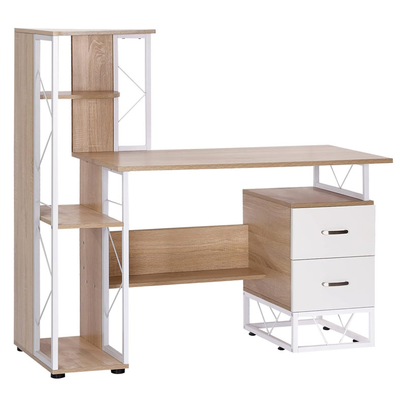 Computer Desk with Drawers and Bookshelf