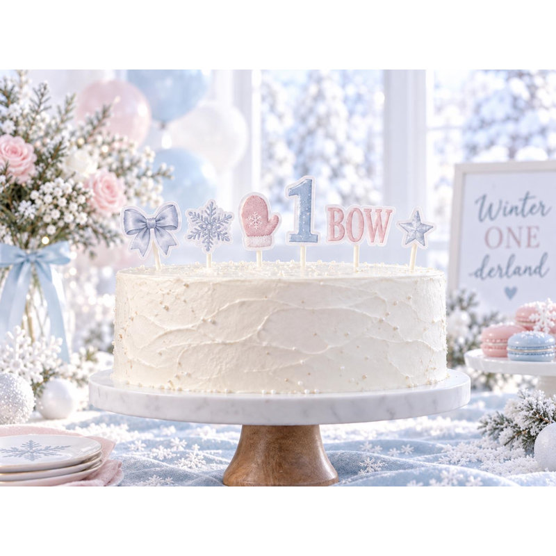 Custom Age Winter Bow Cake Topper Set, Snowy Birthday Cardstock Decorations (Age: 2), 2