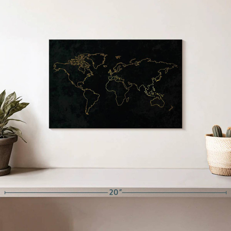 Aliaz Gold Outline World Map, 8" H x 12" W