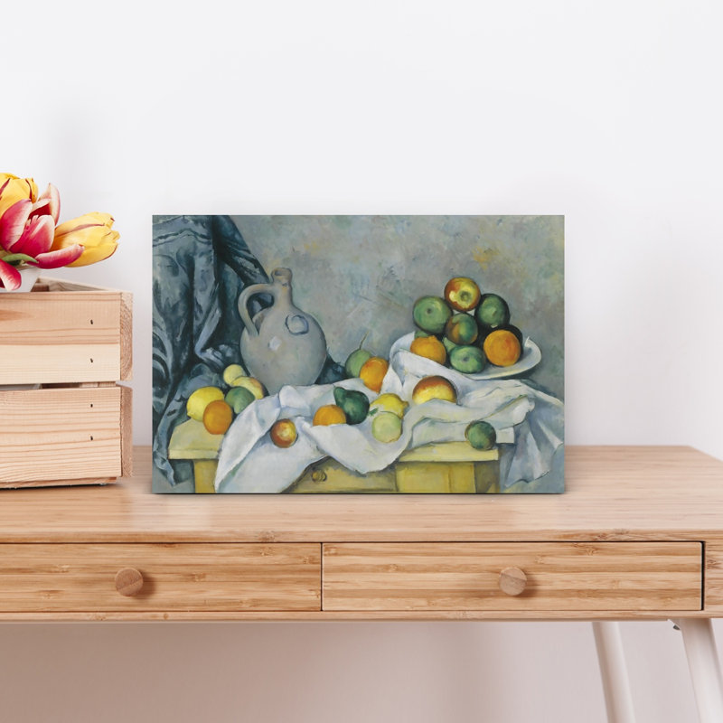 Rideau, cruche et bol de fruits, C., H 12 po x l 18 po