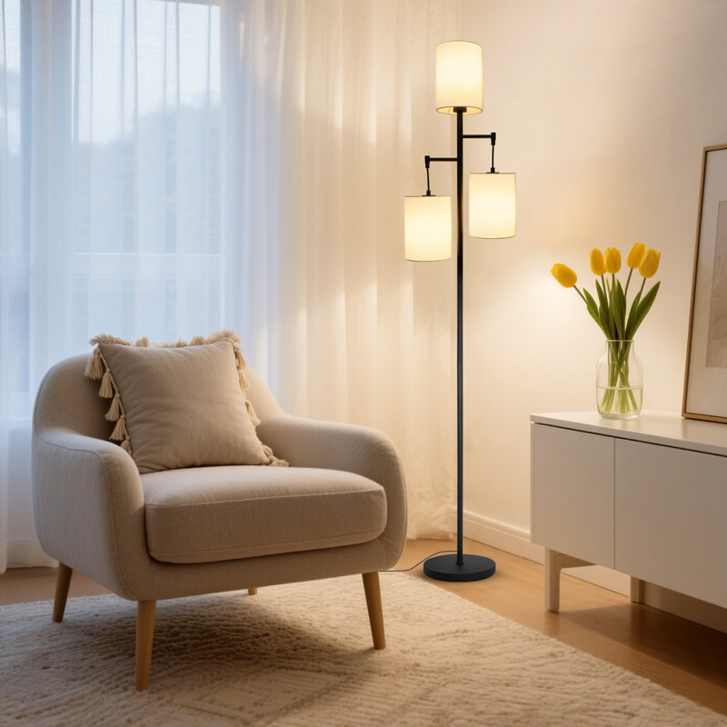 Lampe sur pied Modern Tree avec abat-jour en lin et interrupteur au pied