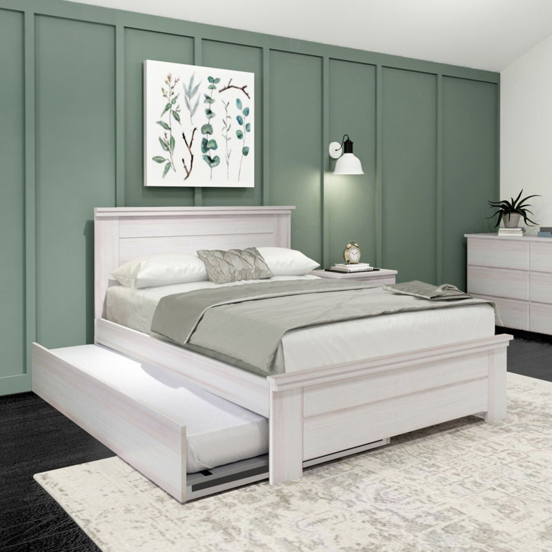  Decimus Solid Wood Platform Bed with Trundle, White Wash, Full