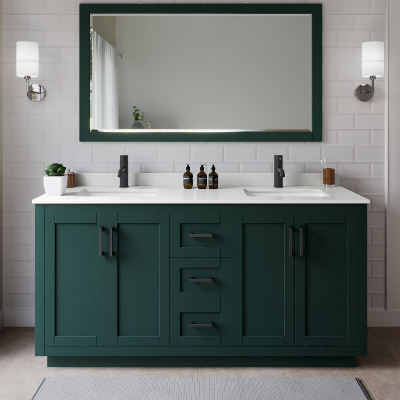 Miranda 66" Freestanding Double Bathroom Vanity with Quartz Top with 58" Mirror, White Quartz, Green, Matte Black