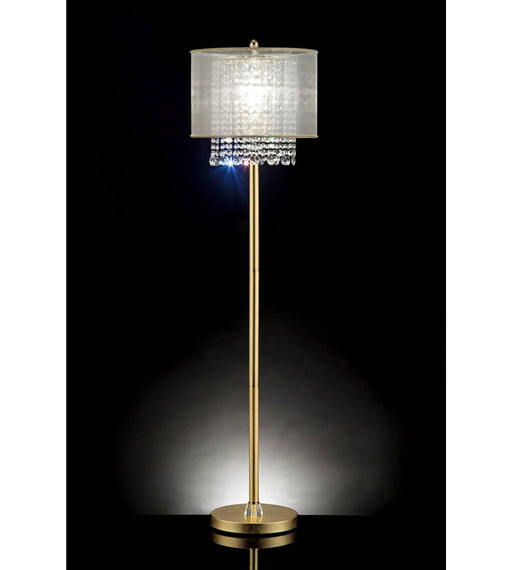 Lampe sur pied de 65 po de hauteur «Bhavya» avec finition dorée et accents de cristal, abat-jour blanc