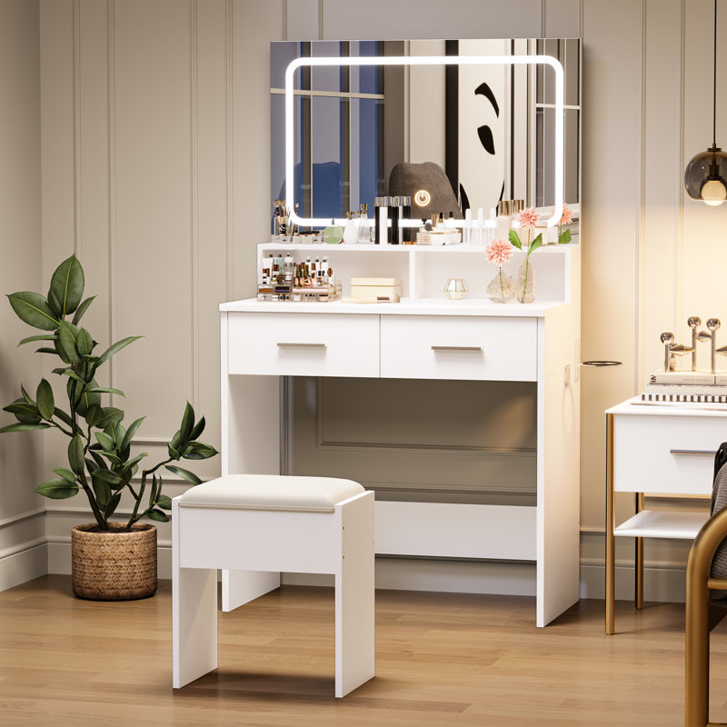 Vanity Set With 3-Color Adjustable LED Mirror And Power Outlet, White