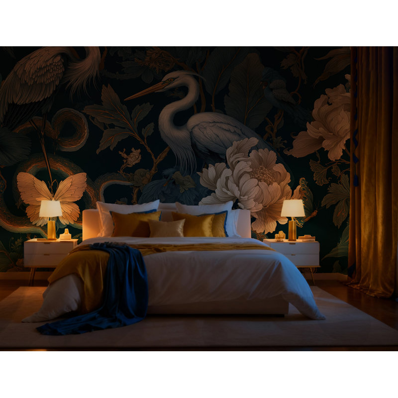 Murale botanique héron marine foncé | Papier peint adhésif de luxe à motif floral | Décoration murale de salon amovible